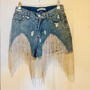 Brand New High Waist Rhinestone Fringe Trim Denim Shorts